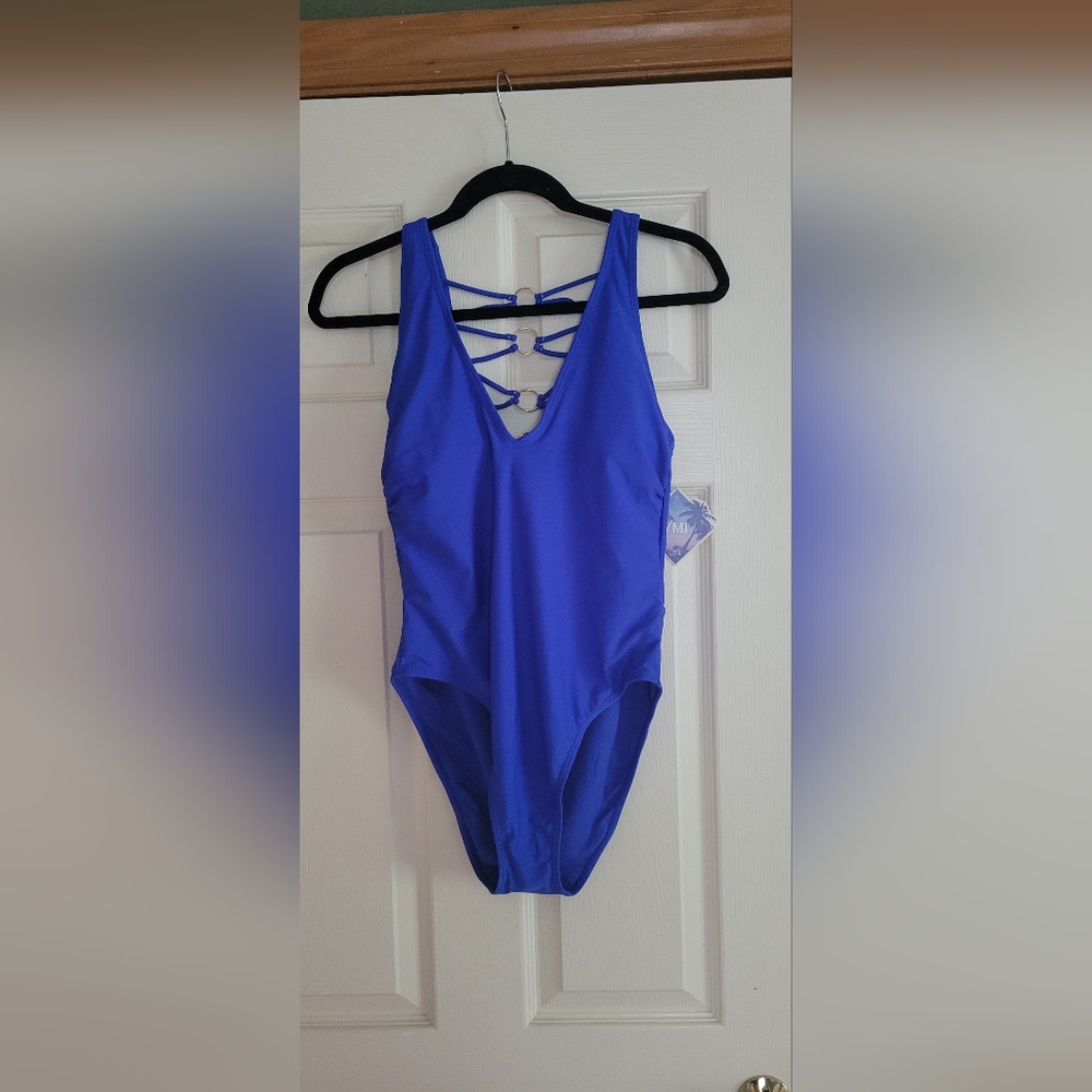 Royal blue v neck cut out back one piece bathing suit size L